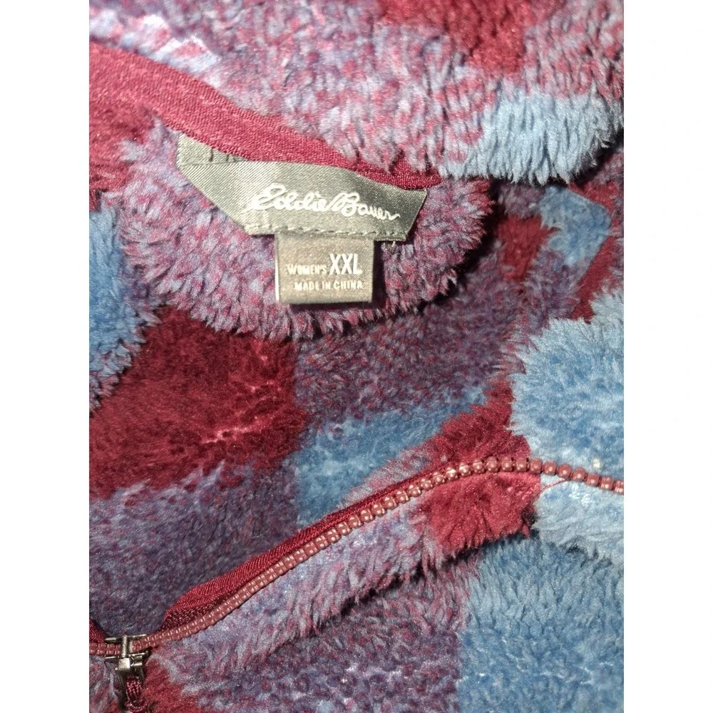 Eddie Bauer Womens XXL Quarter Zip Pullover Fuzzy Blue Burgundy Check Plaid - Picture 4 of 5